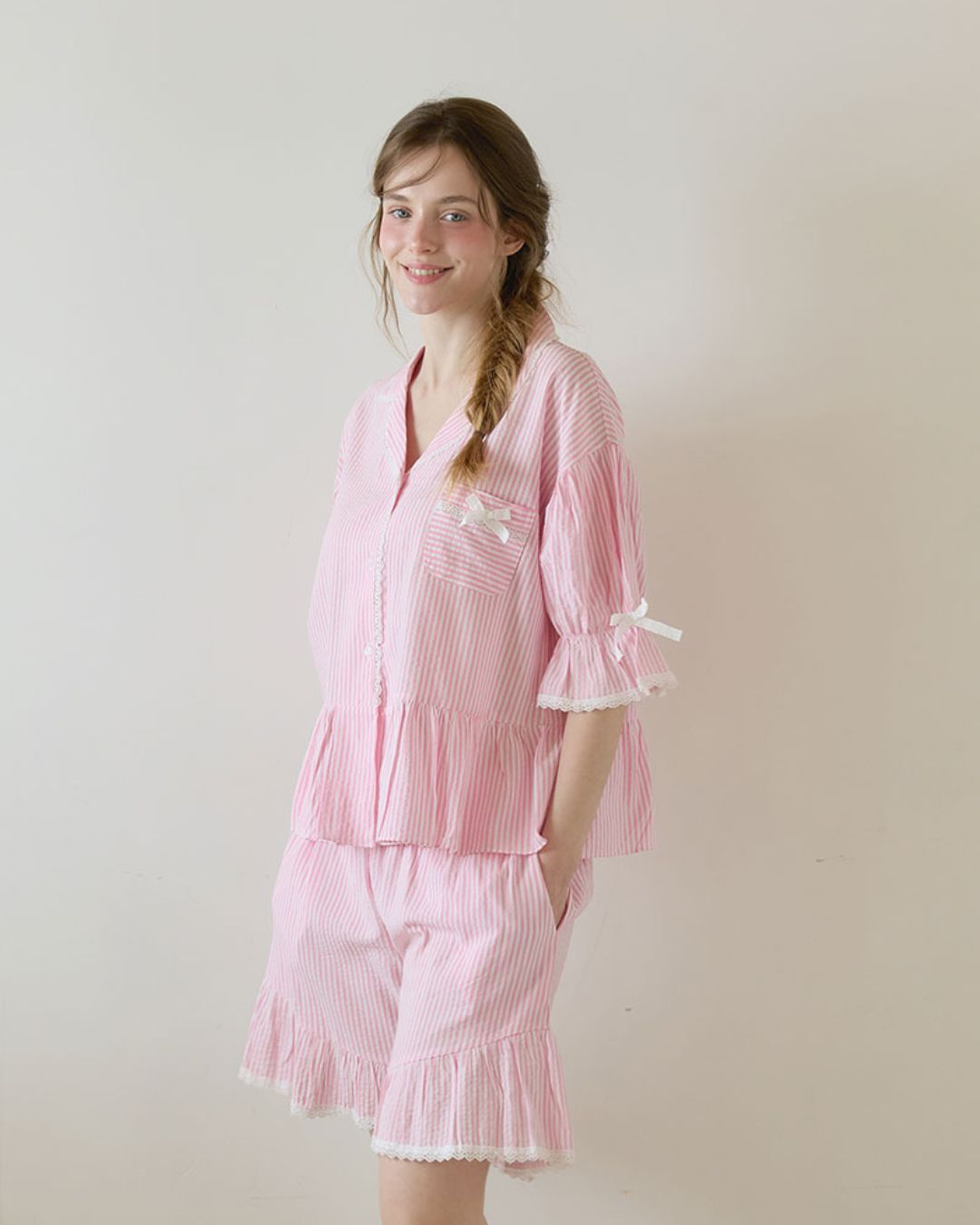 [PREORDER] Lunaluz Burnut Cotton Blend Short Sleeve Collared Two-Piece Pajama Set (Dispatch Date: 17-21 Aug)