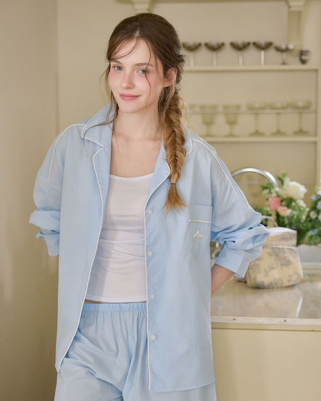 [PREORDER] Lunaluz Berie Cotton Collared Mid-Length Sleeve Two-Piece Pajama Set